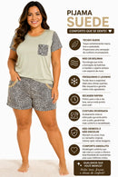 Pijama Feminino de Suede Manga Curta e Shorts com Bolsos – Estampa Onça