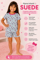 Pijama Infantil Feminino Suede Hello Kitty Cinza Manga Curta + Shorts