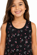 Pijama Infantil Feminino Suede Corações Preto Regata + Shorts Barrinha Ondulada