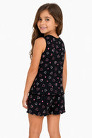 Pijama Infantil Feminino Suede Corações Preto Regata + Shorts Barrinha Ondulada