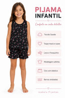 Pijama Infantil Feminino Suede Corações Preto Regata + Shorts Barrinha Ondulada