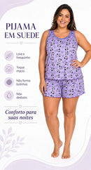 Pijama Feminino Suede Minnie Lilás Regata + Shorts Barrinha Ondulada