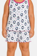 Pijama Infantil Feminino Suede Pinguim Regata + Shorts Barrinha Ondulada