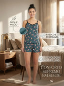 Pijama Feminino de Alcinha em Suede com Shorts – Leve, Fresco e Super Confortável