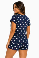 Pijama Feminino Suede Manga Japonesa e Shorts – Corações Azul-Marinho