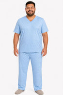 Pijama Masculino Longo em Malha PV com Gola V – Azul Estampado