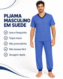 Pijama Masculino Longo em Suede com Gola V e Punhos – Azul Geométrico