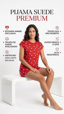 Pijama Feminino Suede Minnie Vermelho Manga Japonesa + Shorts