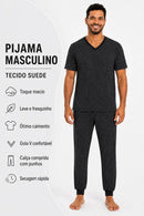 Pijama Masculino Longo em Suede com Gola V e Punhos – Preto Estampado