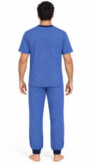 Pijama Masculino Longo em Suede com Gola V e Punhos – Azul Geométrico