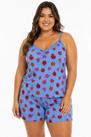 Pijama feminino de liganete azul com estampa de joaninhas, blusa de alcinha e shorts confortável