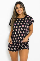 Pijama feminino de suede preto estampado, com manguinha japonesa e shorts, tecido leve e confortável