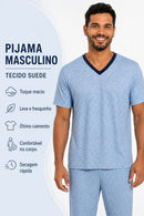 Pijama Masculino Curto em Suede com Gola V – Azul Estampado